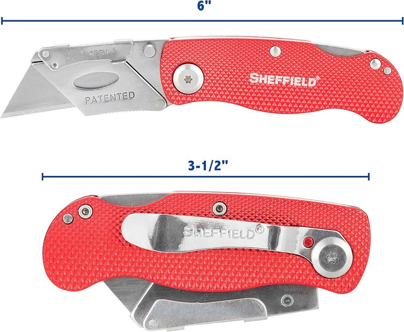 Sheffield Folding Utility Knife, Accepts Standard Utility Knife Blades, Box Cutter Aluminum Handle, Razor Blades Included, For Home, Office, Trades, and Warehouse - Image 2